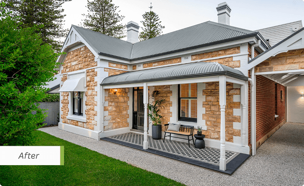 Renovated Adelaide sandstone bungalow with restored heritage details, a refreshed verandah and new landscaping.