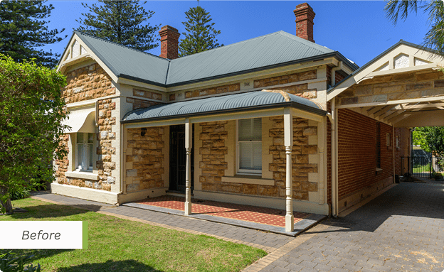 Adelaide sandstone character bungalow before renovation, featuring decorative gables and a traditional front verandah.