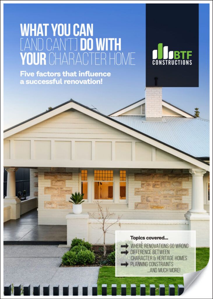 Cover of BTF Constructions’ free guide to renovating an Adelaide character home.